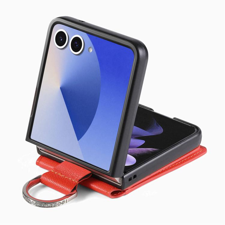 Funda tipo cartera con anillo de cuero con textura de lichi para Samsung Galaxy Z Flip7 5G (naranja)