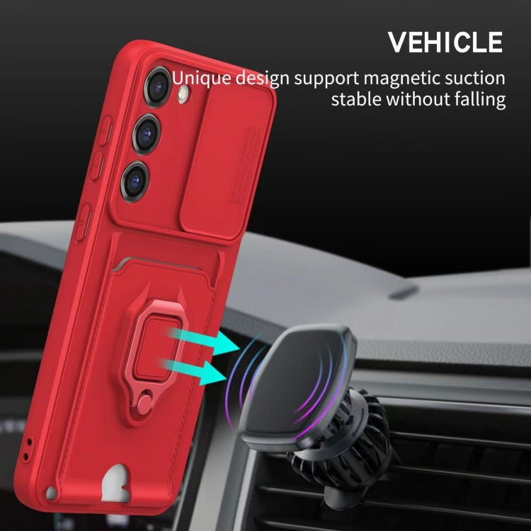 Funda de silicona con soporte magnético para tarjetas y cierre deslizante para Samsung Galaxy A26 5G (roja)