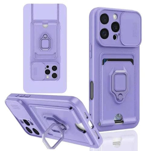 Funda de Silicona para iPhone 16 Pro con Soporte para Tarjetas Magnético y Deslizante (Morado Claro)