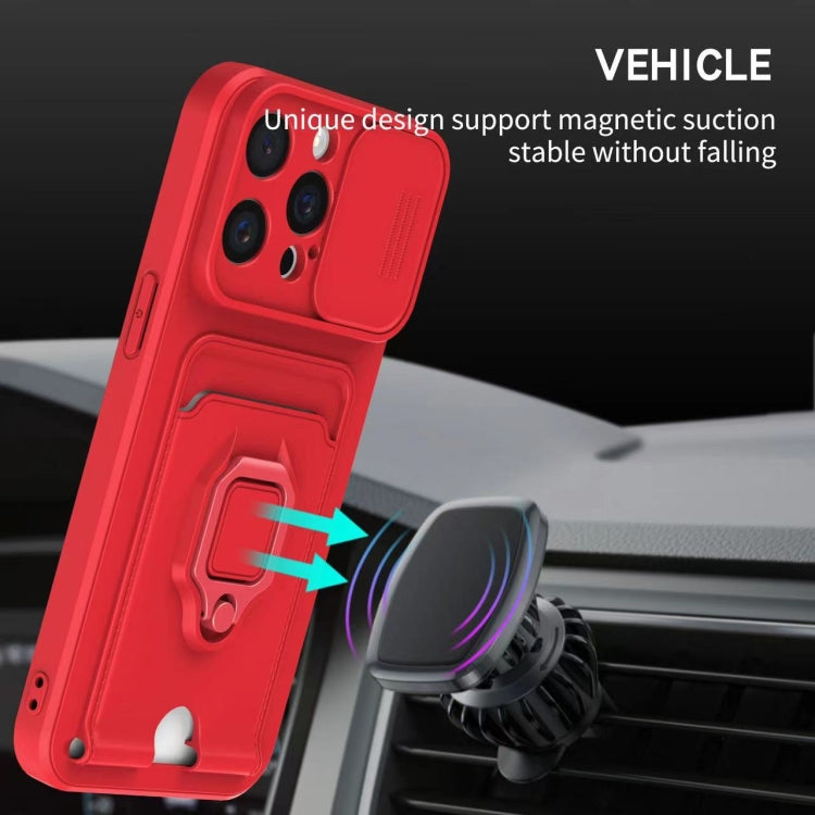 Funda de Silicona para iPhone 16 Plus con Soporte para Tarjetas Magnético y Deslizante (Rojo)