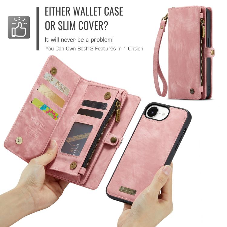 Funda de Cuero Caseme 008 para iPhone 16E Desmontable y Multifuncional (Rosa)