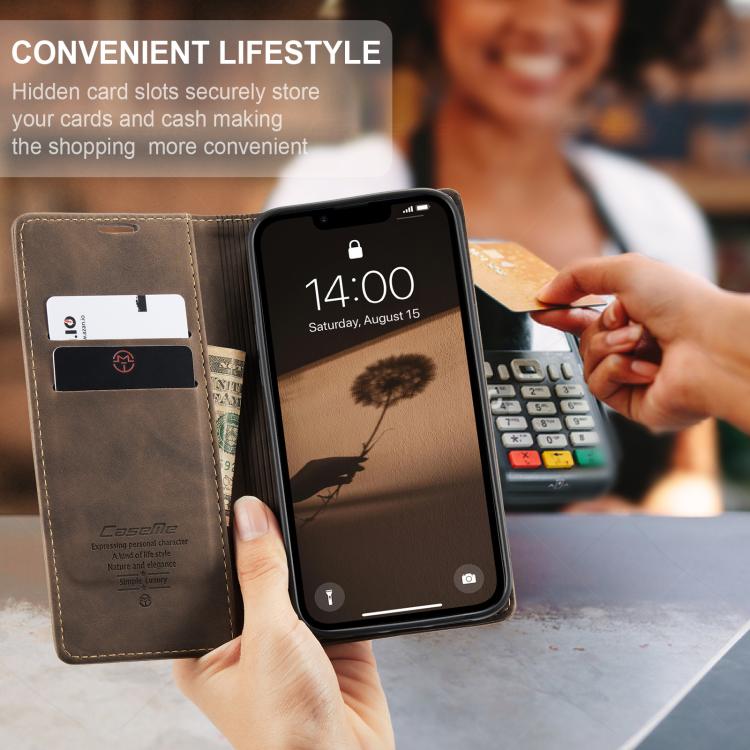Funda de Cuero Caseme 013 con Tapa Horizontal Multifuncional para iPhone 16E (Café)