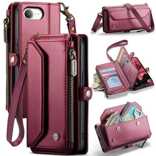 Funda para iPhone 16E Caseme C36 Cuero Antirrobo con Ranuras para Tarjetas y Cremallera (Rojo)