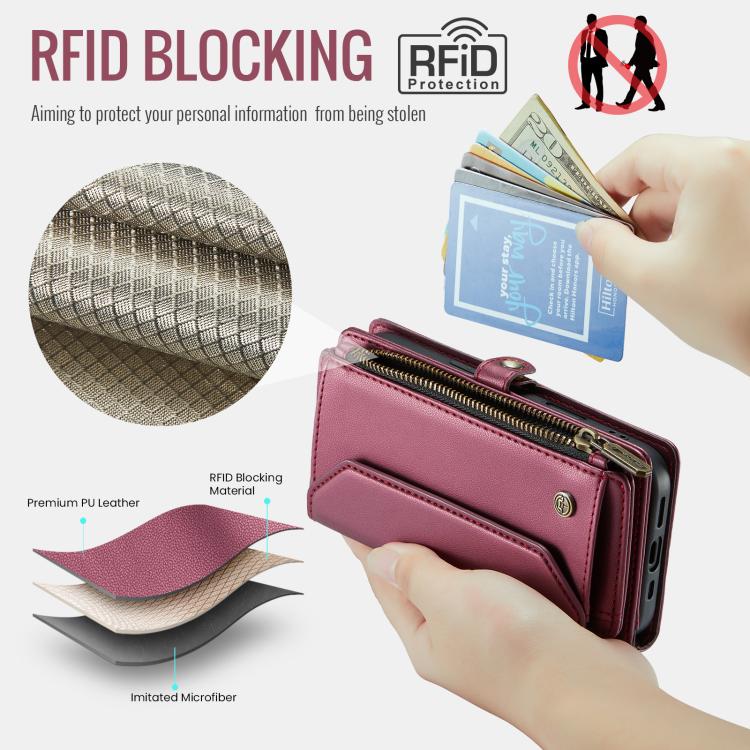 Funda para iPhone 16E Caseme C36 Cuero Antirrobo con Ranuras para Tarjetas y Cremallera (Rojo)