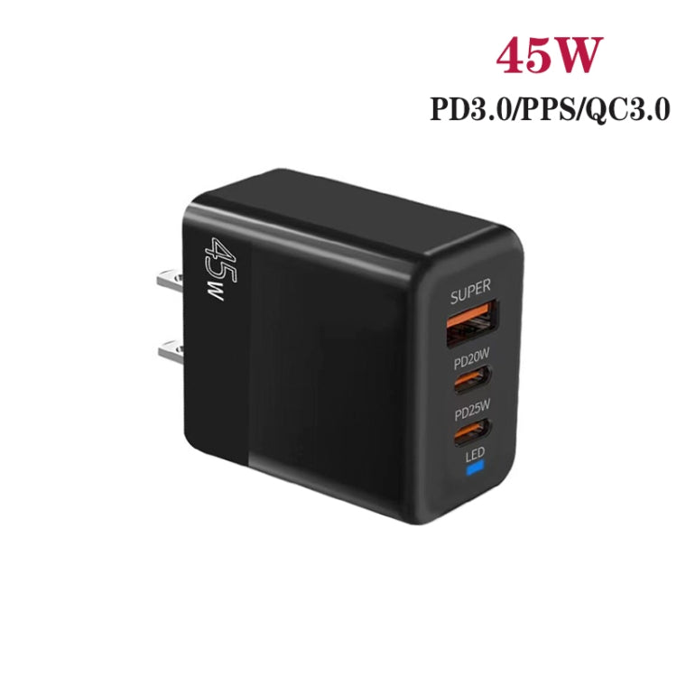 Cargador USB Tipo C + QC3.0 45W PD3.0/PPS Compatible Protocolo (Negro) Enchufe Estadounidense