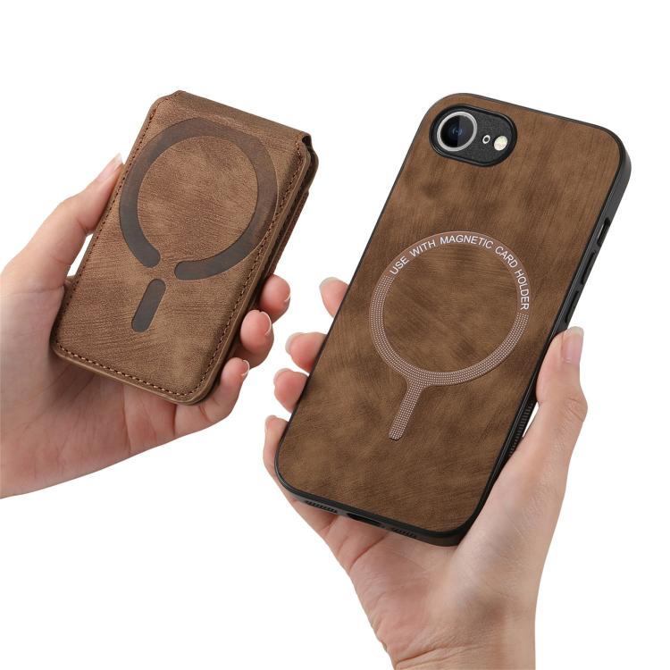 Funda de Cuero para iPhone 16E con Soporte Magnético Divisible Estilo Retro (Marrón)