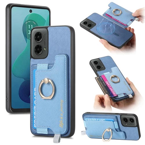 Funda para Teléfono Motorola Moto G 5G 2024 con Tarjetero y Anillo Cuero Retro Magsafe (Azul)