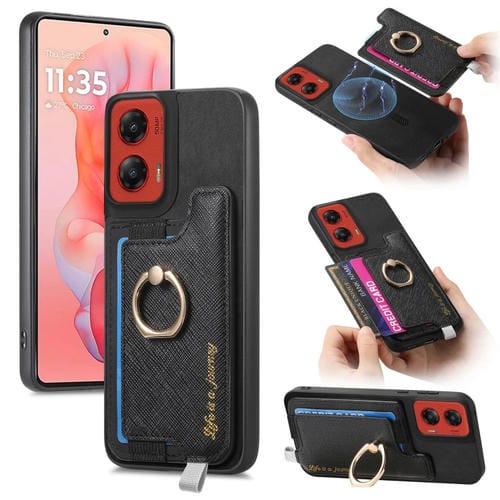 Funda para Teléfono con Tarjetero y Anillo Cuero Retro Magsafe Cross para Motorola Moto G Stylus 5G (2024) (Negro)
