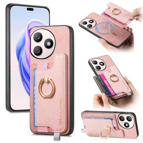 Funda para Teléfono Honor X50I+ con Tarjetero y Anillo de Cuero Retro Magsafe (Rosa)