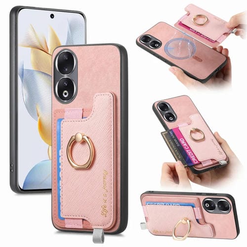 Funda para Teléfono Honor 90 con Tarjetero y Anillo de Cuero Retro Magsafe (Rosa)