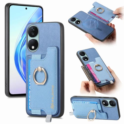 Funda para Teléfono con Tarjetero y Anillo de Cuero Retro Magsafe para Honor X7B/Play 8T 5G (Azul)
