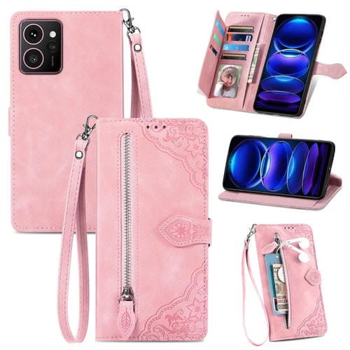 Funda de Cuero con Cremallera para Teléfono HMD Skyline con Diseño de Flores en Relieve (Rosa)