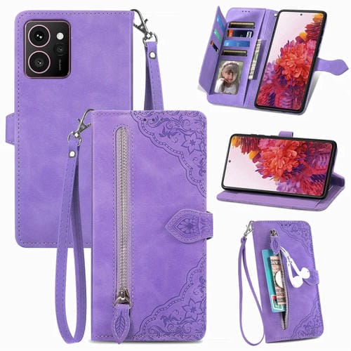 Funda de Cuero con Cremallera para Teléfono HMD Skyline Diseño Flores en Relieve (Morado)