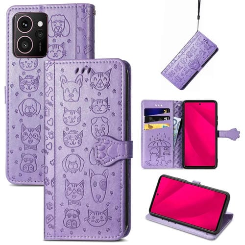 Funda de Cuero para Teléfono HMD Skyline con Relieve de Gato y Perro (Morado)