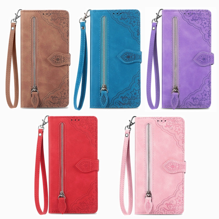 Funda de Cuero con Cremallera y Flores en Relieve para Oukitel C53 (Rojo)