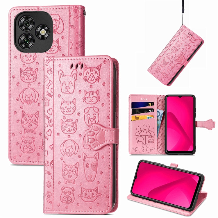 Funda de Piel con Relieve de Gato y Perro para Oukitel C53 (Rosa)
