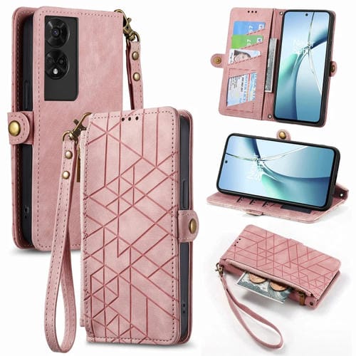 Funda de Cuero para TCL 50 5G con Hebilla Lateral y Cremallera Geométrica (Rosa)