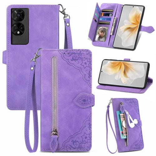 Funda de Cuero para TCL 50 5G con Cremallera y Flores en Relieve (Morado)