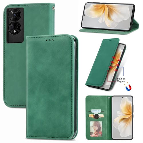 Funda de Cuero para TCL 50 5G con Tapa Magnética y Tacto Retro (Verde)
