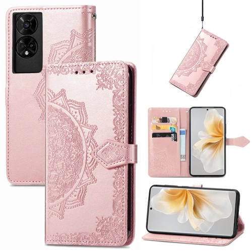 Funda de Cuero TCL 50 5G con Relieve Flor de Mandala (Oro Rosa)
