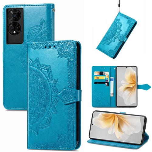 Funda de Cuero con Relieve Flor de Mandala para Teléfono TCL 50 5G (Azul)