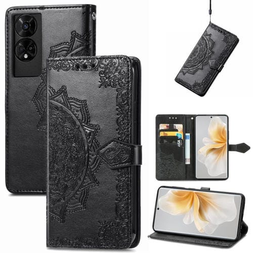 Funda de Cuero con Relieve de Flor de Mandala para Teléfono TCL 50 5G (Negro)