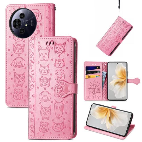 Funda de Cuero Nxtpaper con Relieve de Gato y Perro para TCL 50 Pro (Rosa)
