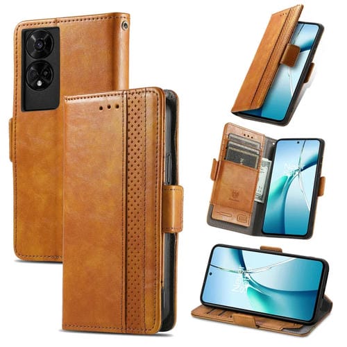 Funda de Cuero Caseneo Splicing con Hebilla Magnética Doble para TCL 50 5G (Caqui)