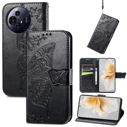 Funda de Cuero TCL 50 Pro Nxtpaper con Relieve Mariposa y Flor (Negra)