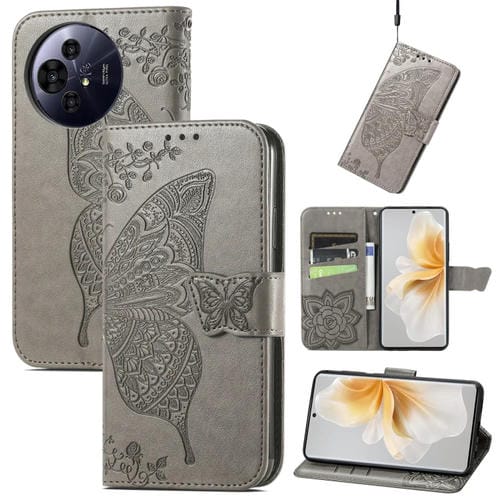 Funda Cuero con Relieve Mariposa y Flor para TCL 50 Pro Nxtpaper (Gris)