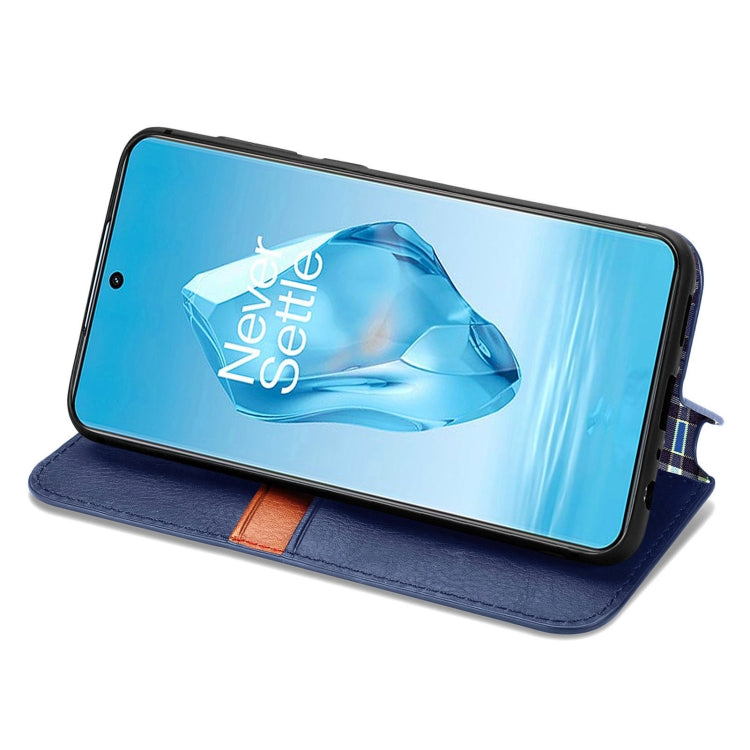 Funda de Cuero Magnética OnePlus Ace 3 Pro Diseño Cuadrícula Cúbica (Azul)