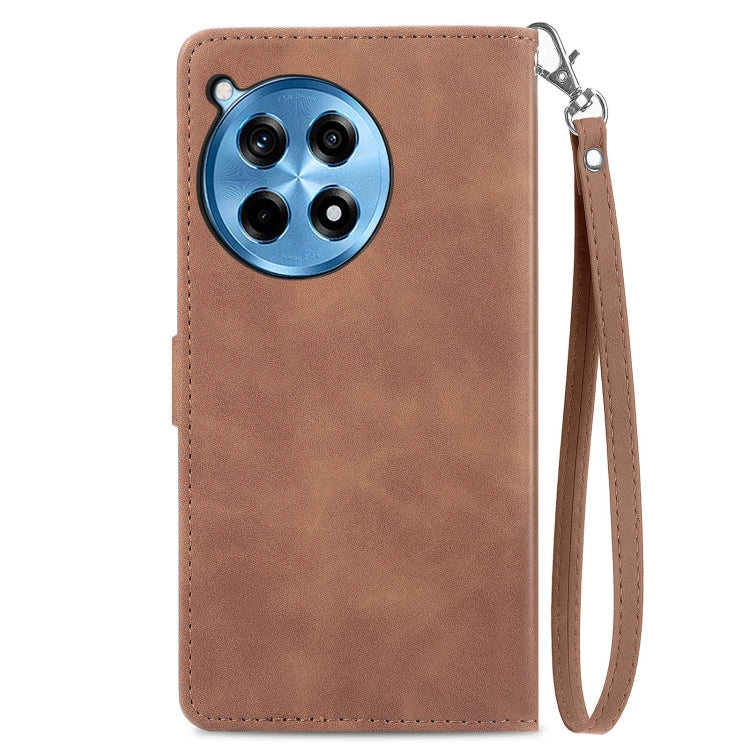 Funda de Cuero para OnePlus Ace 3 Pro con Cremallera y Diseño de Flores en Relieve (Marrón)