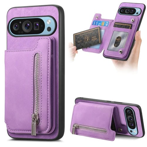 Funda para Teléfono con Cremallera Magsafe Retro para Google Pixel 8 Pro (Morado)