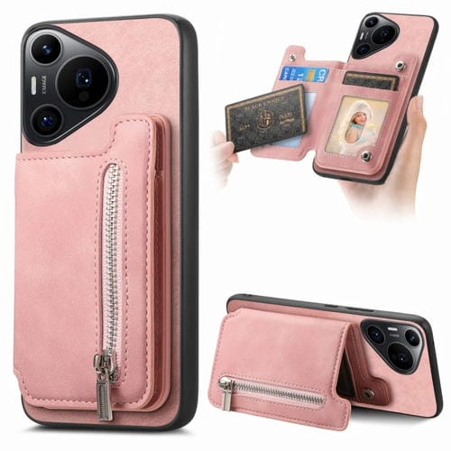 Funda para Teléfono Huawei Pura 70 Retro con Cremallera Magsafe, Tarjetero, Funda Trasera (Rosa)