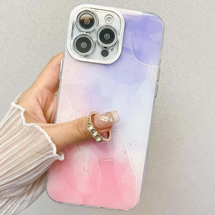 Funda para Teléfono iPhone 15 Pro Max Soporte de Anillo Textura Mármol Galvanizado (Rosa, Morado)