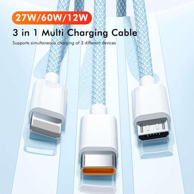 Cable de Datos USB a Micro USB 8 Pines y Tipo C Enkay CB173 3 en 1 60 W 1 m (Azul)