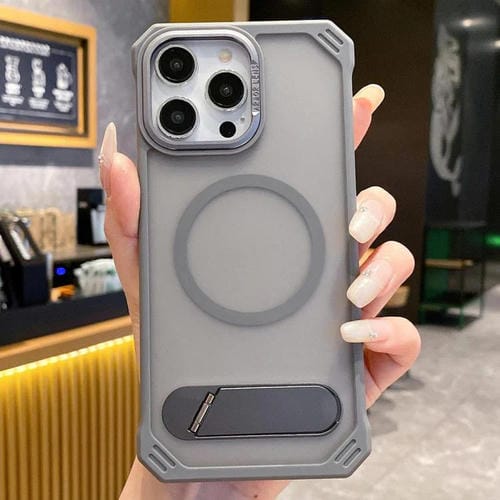 Funda para Teléfono PC Magsafe sin Marco con Tacto de Piel y Soporte Plegable para iPhone 13 Pro Max (Gris)