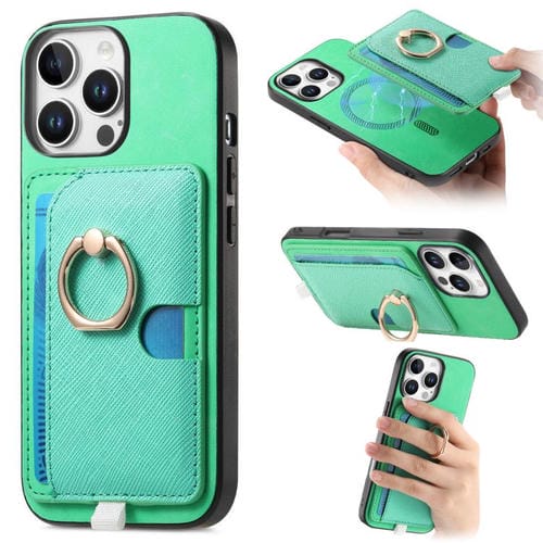 Funda para iPhone 15 Pro Max Cuero con Ranuras para Tarjetas y Anillo (Verde)