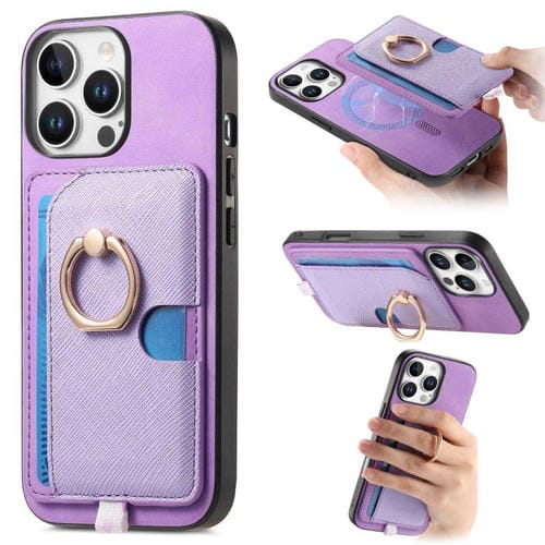 Funda para Teléfono Magsafe con Anillo Lateral de Cuero con Cruz Retro para iPhone 14 Pro Max (Morado)