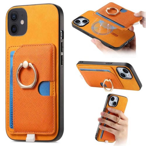 Funda para iPhone 11 Cuero con Ranuras para Tarjetas y Anillo Diseño Retro Cruzado (Amarillo)