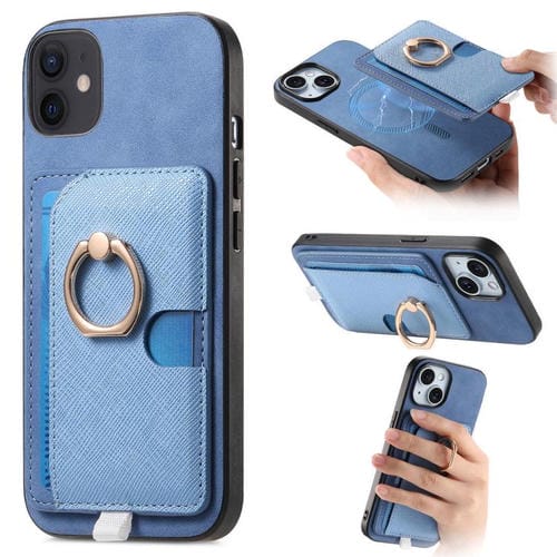 Funda para iPhone 11 Ranuras para Tarjetas Diseño Retro Cruz Anillo Lateral Magsafe (Azul)