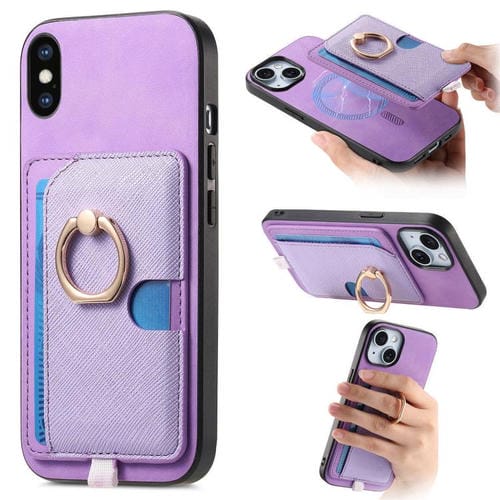 Funda para iPhone Xs Max con Ranuras para Tarjetas Diseño Retro Cruz Cuero Anillo Lateral (Morado)