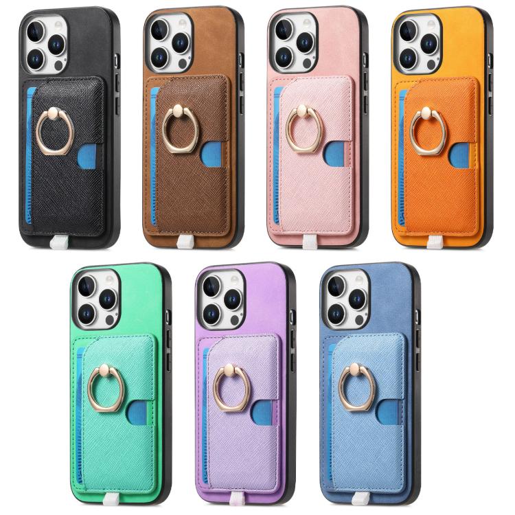 Funda para iPhone 11 Pro Max con Ranuras para Tarjetas Diseño Retro Cruz y Anillo Lateral (Azul)