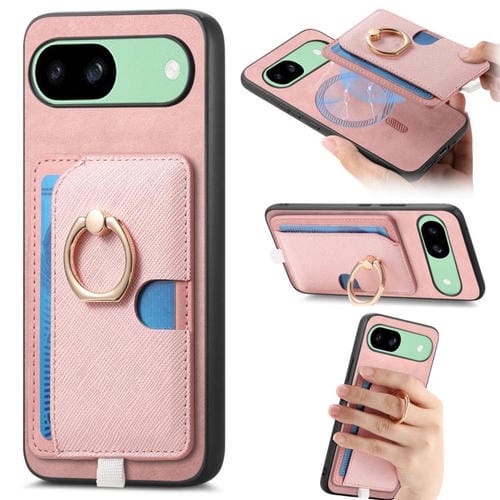 Funda para Google Pixel 8A con Ranuras para Tarjetas y Anillo Lateral de Cuero (Rosa)