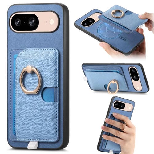 Funda para Google Pixel 8 con Ranuras para Tarjetas, Diseño Retro Cruz de Cuero y Anillo Lateral (Azul)