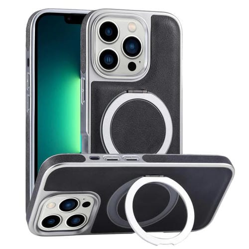 Funda para Teléfono iPhone 13 Pro Max Soporte Magsafe Giratorio Cuero Granulado (Negro)