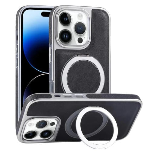 Funda para Teléfono con Soporte Magsafe Giratorio de Cuero Granulado para iPhone 14 Pro (Negro)