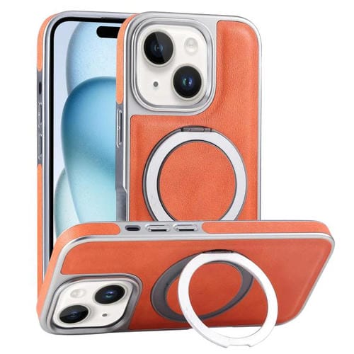 Funda para Teléfono iPhone 15 Plus con Soporte Magsafe Giratorio de Cuero Granulado (Naranja)