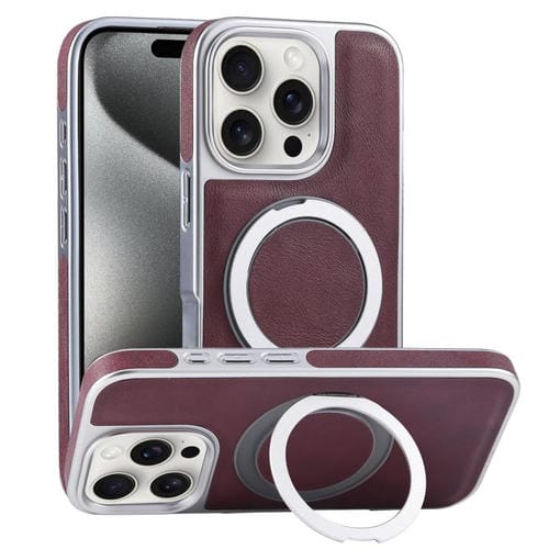 Funda para Teléfono con Soporte Magsafe Giratorio Cuero Granulado iPhone 15 Pro (Rojo Oscuro)