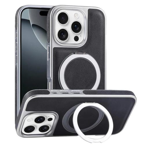 Funda para Teléfono con Soporte Magsafe Giratorio de Cuero Granulado Chapado para iPhone 16 Pro Max (Negro)